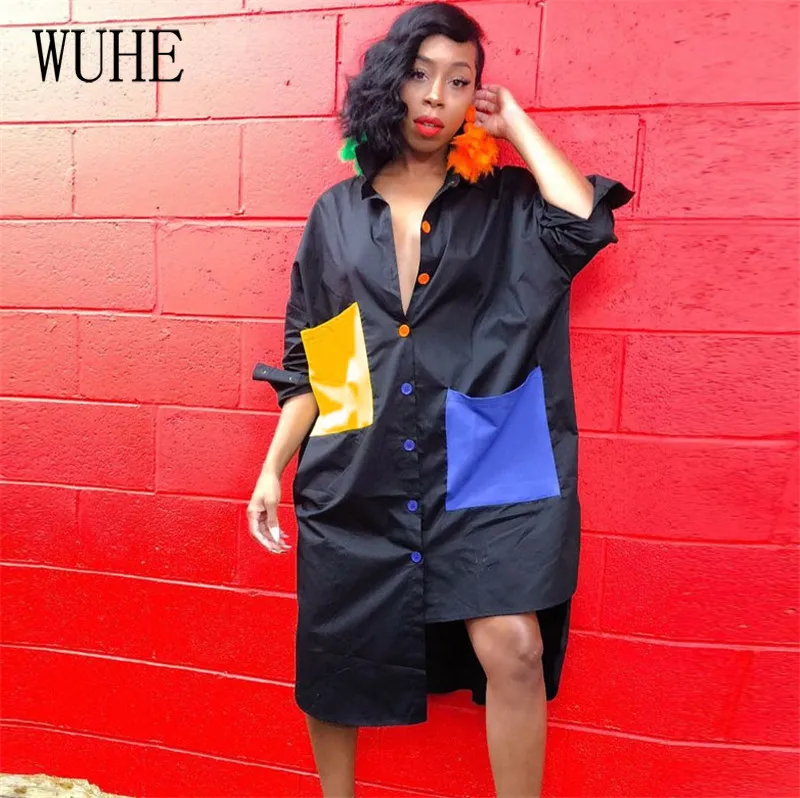 

WUHE Autumn WomenCasual Loose Shirt Dress Long Sleeve Patchwork Pocket Button Oversize High Low Asymmetrical Black T Shirt Dress