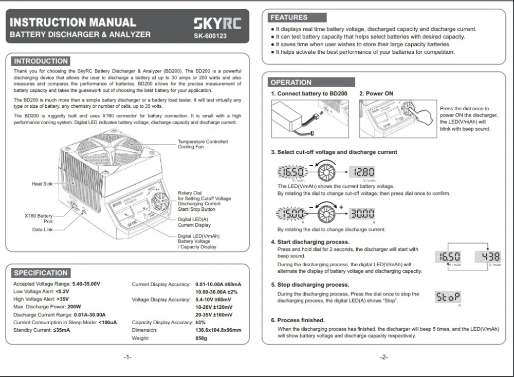 SKYRC BD200 200W 30A 5,4 V-35 V разрядник батареи& анализатор для LiPo LiFe LiHV никель-металл-гидридных и никель-кадмиевых батарея PB