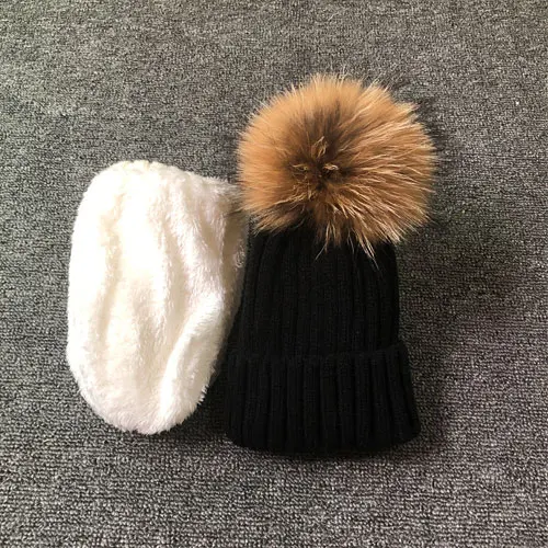 Детские зимние шапки, модные вязаные шапки Skullies, Детские шапочки для мальчиков и девочек, шапки с помпоном из натурального меха енота, Комплект детских шапок и шарфов - Цвет: black hat