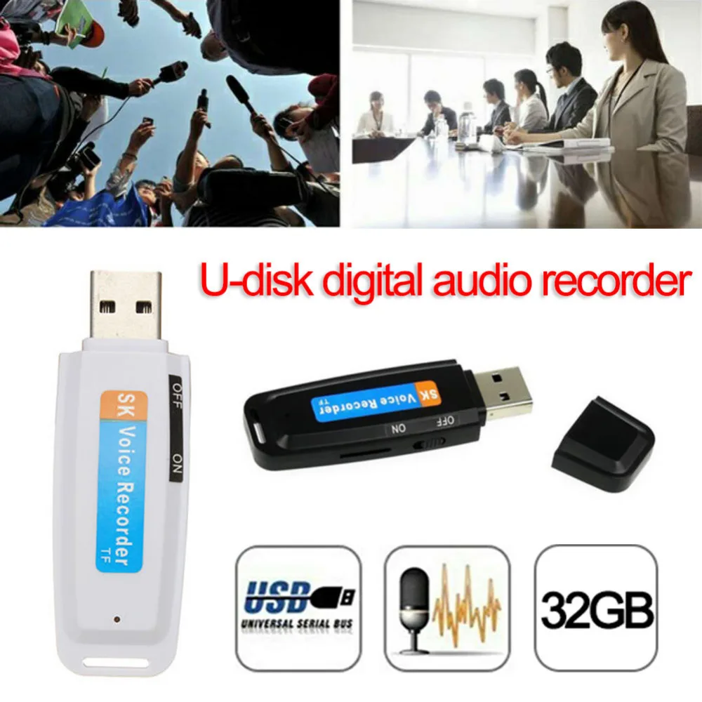 2X Black White USB Voice Recorder U-Disk Digital Audio Voice Recorder USB Flash Drive up to 32GB Micro SD TF