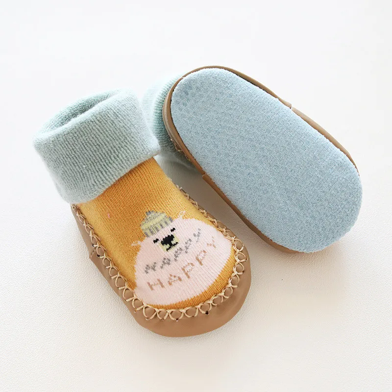 Носки для малышей с резиновой подошвой, зимние толстые детские носки-тапочки для новорожденных девочек и мальчиков, противоскользящая обувь, носки с мягкой подошвой