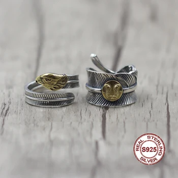 

S925 Sterling Silver Ring in Indian style retro point gold to create Personality classic feather series Send a gift to love