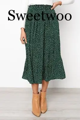 

White Dots Floral Print Pleated Midi Skirt Women Elastic High Waist Side Pockets Skirts Summer 2020 Elegant Female Bottom