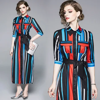 

European American Dress For Women Striped Long Sleeve Maxi Dress Luxury Women Dresses Elegant Ladies Dresses Vestido De Festa