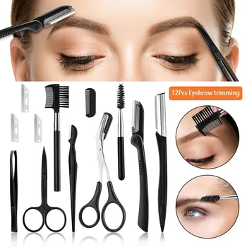

12PCS Eyebrow Trimmer Eyebrow Razor Kit Eyebrow Scissors Eyebrow Comb Razor for Face Tweezers Eyelash Eyelash Brush