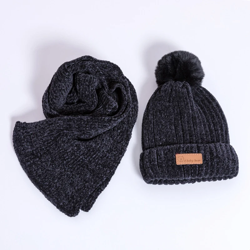 Детские зимние теплые вязаные плюшевые бархатные шапки шарф перчатки с покупкой варежки для детей - Цвет: Черный