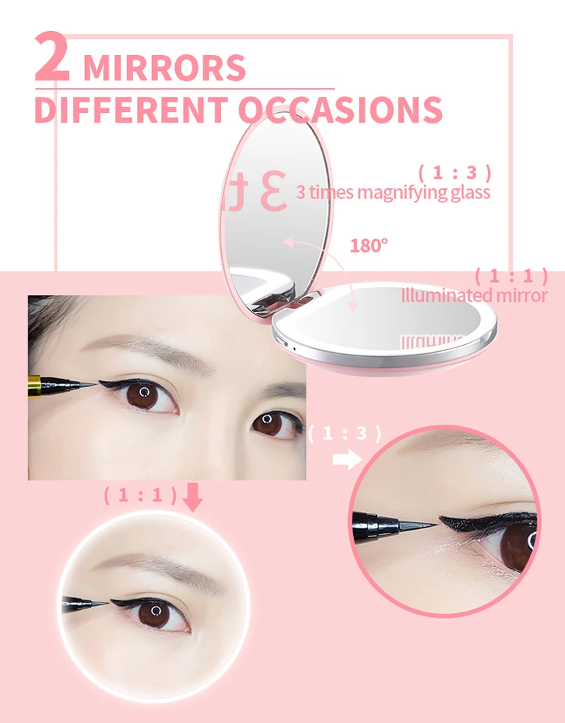 USB Chargable Mini LED Makeup Mirror Portable Compact Pocket Mirror 3 levels Brightness Mirror Light Hand Mirror 3X Magnifying 5