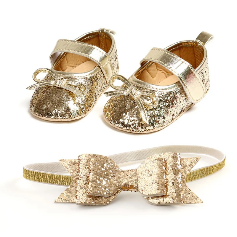 Sequins Baby Shoes Leather Toddler Baby Girl First Walkers Sets Headband Bow-knot Soft Sole Hook & Loop Bling Shoes for Girls