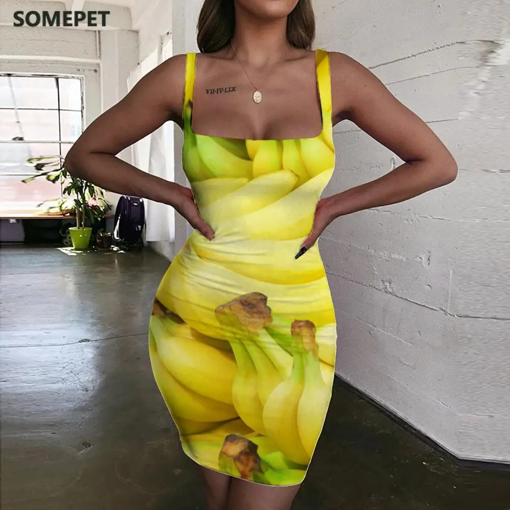 

SOMEPET Banana Dress Women Food Halter Sleeveless Novel Vestido Sexy Harajuku 3d Print Womens Clothing Plus Size New Beach Femme