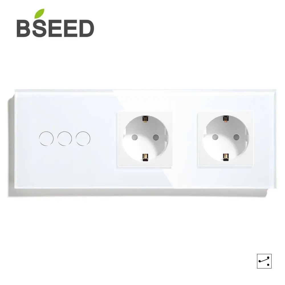 BSEED стандарт ЕС 1 банда 2 банды 3 банды 1 способ 2 пути сенсорный выключатель с двойной розеткой ЕС черный белый золотой кристалл стеклянная панель - Цвет: White 3 Gang