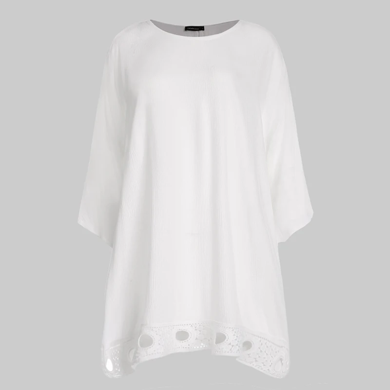 Stylish Casual Loose Solid Blouses Women Celmia Plus Size Sleeve Pleated Shirts Ladies Asymmetric Tops Hollow Out Blusas - Цвет: Белый