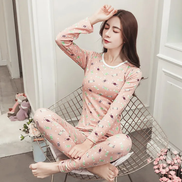 Fall/winter women's milk silk plus velvet long-sleeved autumn clothing pants women's round neck body shaping pajamas - Цвет: deeppink
