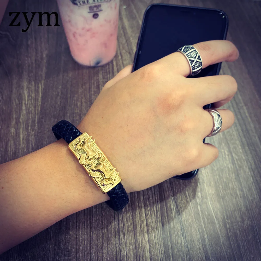 Zym2019Hot бренд золотой Мустанг браслет Высокое качество кожаный браслет в стиле ретро дизайн модный мужской кожаный веревочный браслет
