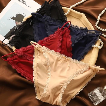 

Sexy Panties Women Ice Silk Seamless Panties Lace Side Ultra-thin Low Waist Briefs Cotton Breathable Trim Thin Belt Underwear