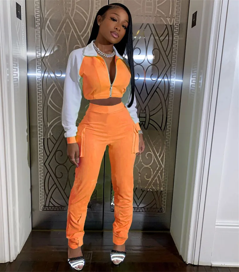 

2020 Women Casual Luminous Tracksuits 2 Piece Sets Patchwork Zipper Long Sleeve Jacket Tops High Waist Trousers Pants