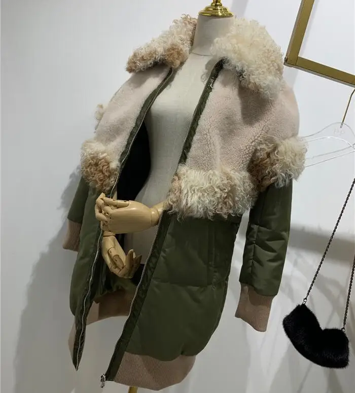 Abrigos mujer invierno 90% белый утиный пух женское длинное пальто Лоскутная парка из овечьей шерсти