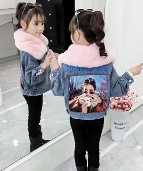 

Teenage Girl Winter Coat Girls Fashion Fur Collar Warm Lining Thicken Denim Coats Chilldren Top 6 8 10 12 14Year