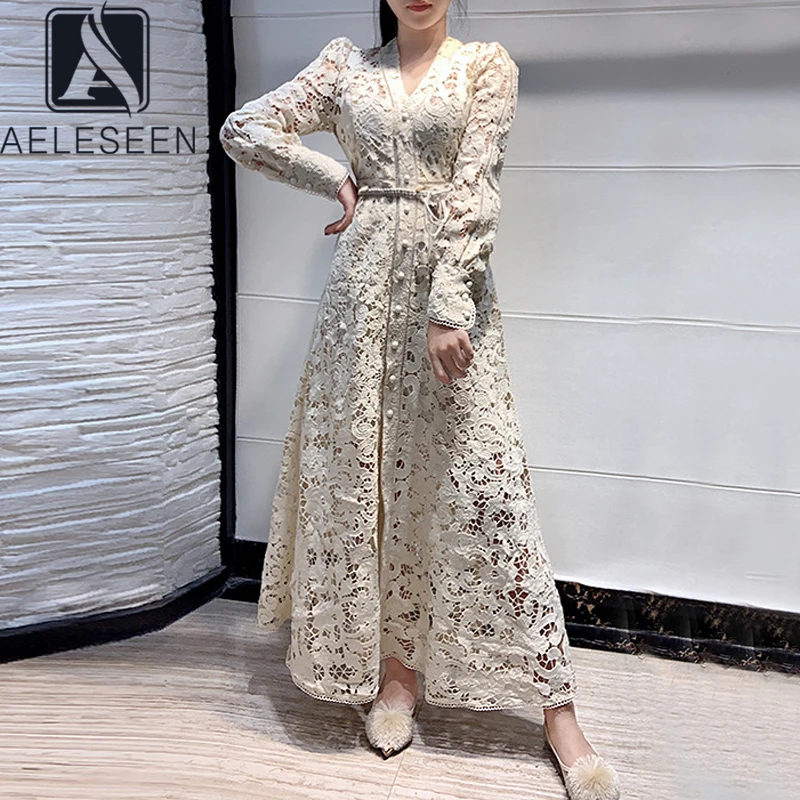 

AELESEEN Runway Fashion Women Dress 2020 High Quality Spring Summer Long Sleeve Dress Hollow Out Embroidery Belt Party Dress
