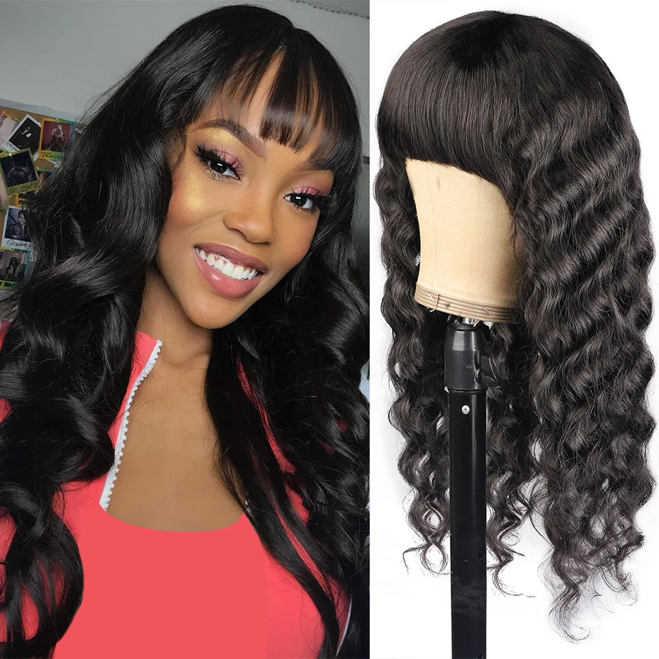 Solta com Franja Perucas de Cabelo Humano com Franja para Preto Peruca Profunda Completa Máquina Feita Remy Glueless Brasileiro Feminino 1 Apliques com cabelo humano