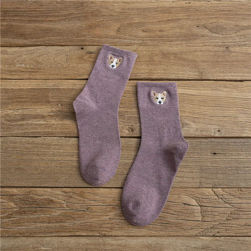 SP& CITY/модные женские носки в стиле хараджуку с вышитой собачкой из мультфильма; зимние однотонные повседневные носки до лодыжки; удобные носки в студенческом стиле - Цвет: purple