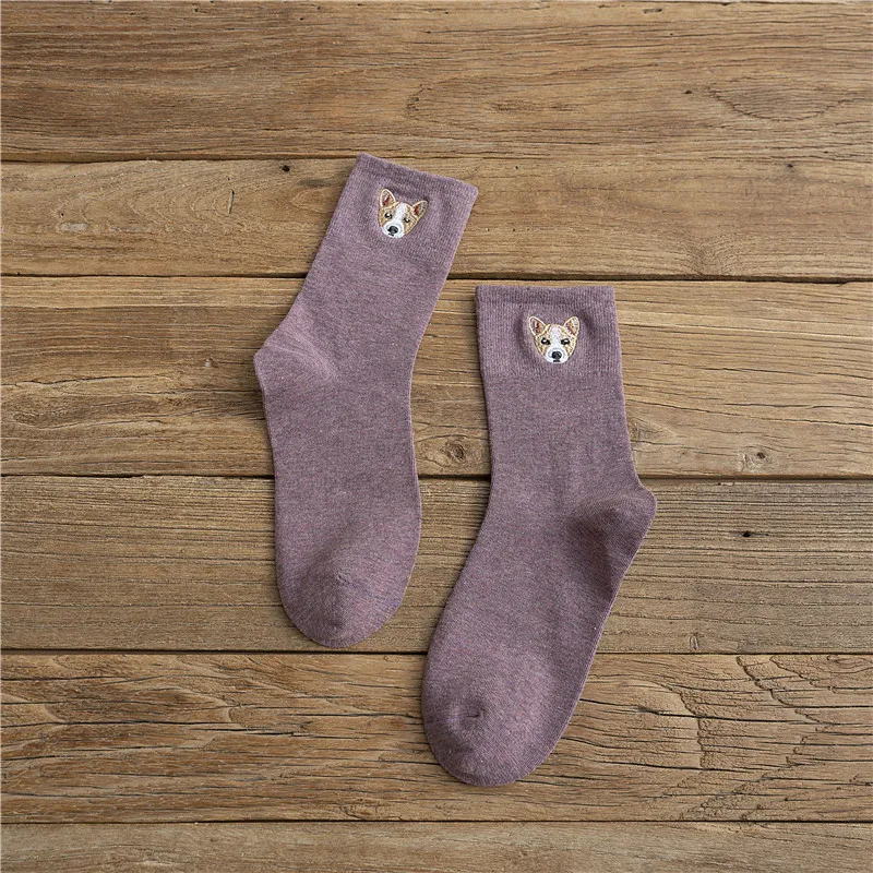 purple SP& CITY/модные женские носки в стиле хараджуку с вышитой собачкой из мультфильма; зимние однотонные повседневные носки до лодыжки; удобные носки в студенческом стиле - Цвет: purple