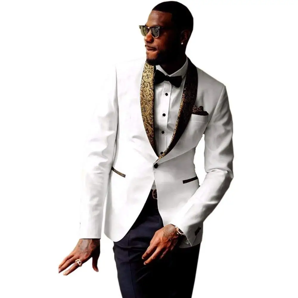 

Men's New 2-Piece Groom Suit White One Button Tuxedo Wedding Party Jacket & Black Pants Prom Costume Homme