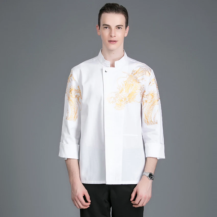 Dragon Printed Stand Collar Long Sleeves Chef Uniform Barber Shop Catering Bakery Cafe Cook Clothes Chef Coat Work Tunic