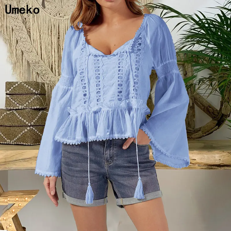 

Umeko 2019 New Fashion S-5XL Plus Size Women Solid Color Flare Sleeve V Neck Lace Tassel Decoration Slim Elegant Blouse Clothes