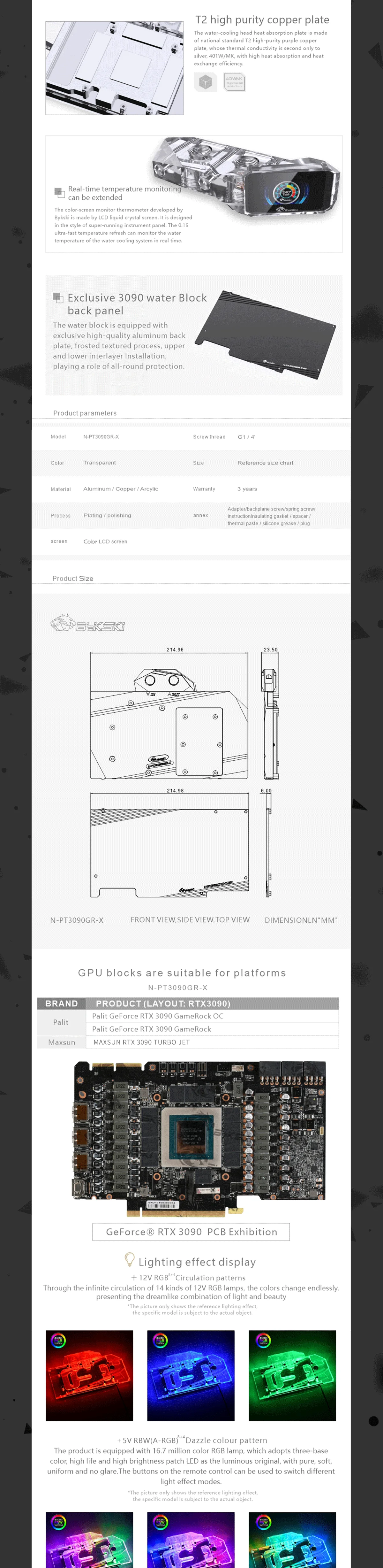 Bykski GPU Block For Palit RTX 3090/3080Ti GameRock OC Full Cover With Backplate GPU Water Cooling Cooler , N-PT3090GR-X  