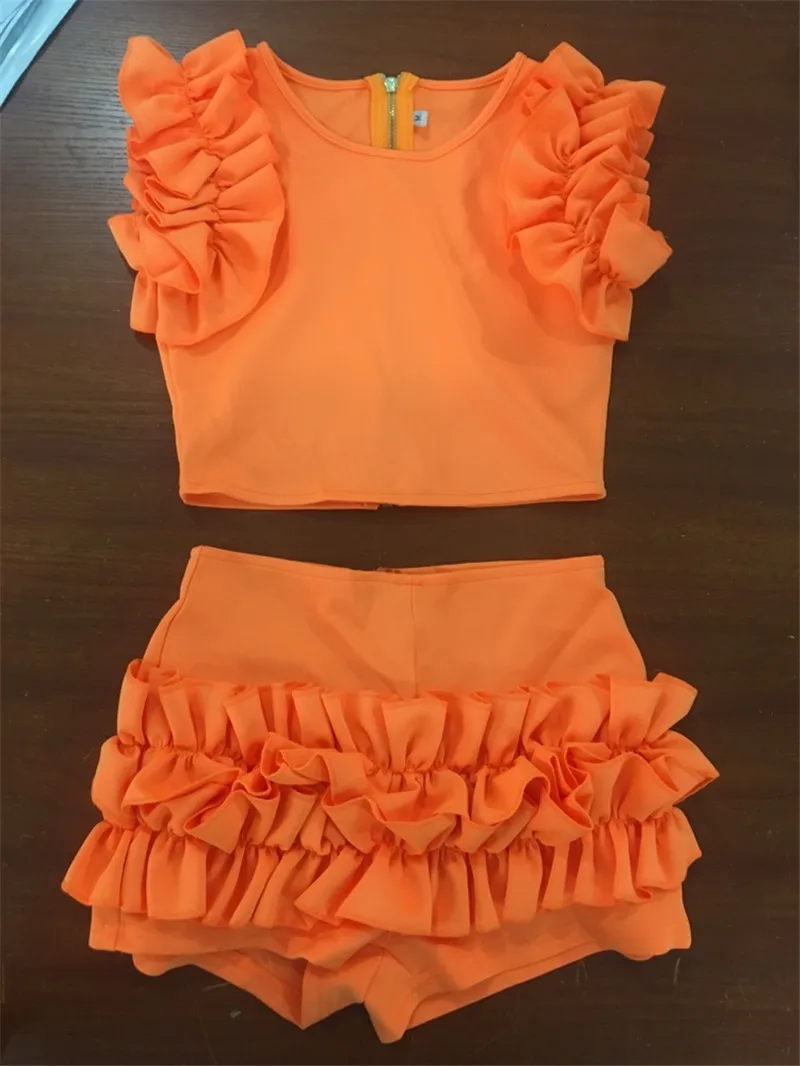 DEAT Summer Sexy Short Petal Sleeve Orange Dew Navel T Shirt Elastic Ruffles Mini Skirt Two Piece Set Women Outfits MG445
