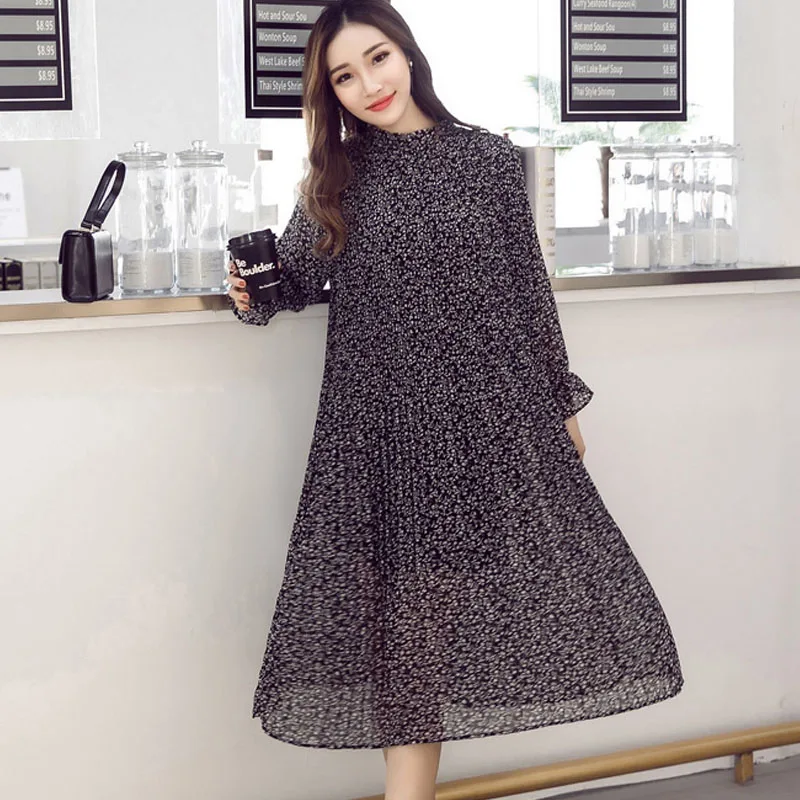 2020 Korean Style Plus Size Spring Women Pleated Dress Chiffon Sweet Loose Long Dress Floral Leaf Print Elegant Vintage Dresses