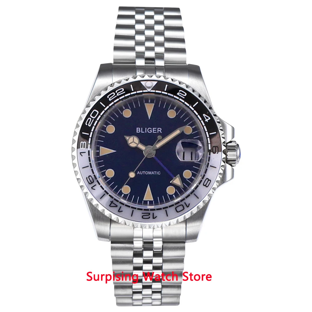

Bliger 40mm Automatic Mechanical Men Watch Luxury Sapphire Crystal Vintage GMT Watch Luminous Waterproof Day Date Wristwatch Men