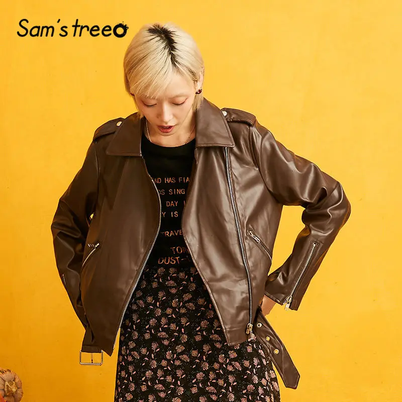 SAM'S TREE coffee, одноцветная, на молнии, новинка, гранж, кожа, Женская куртка, осень, локомотив, длинный рукав, подплечники, байкерские куртки