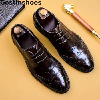 

British Style Men Brogue Shoes Genuine Leather Black Brown Wine Red Oxfords Crocodile Printed Cut-out Wing Tip Lace-up Men Shoes