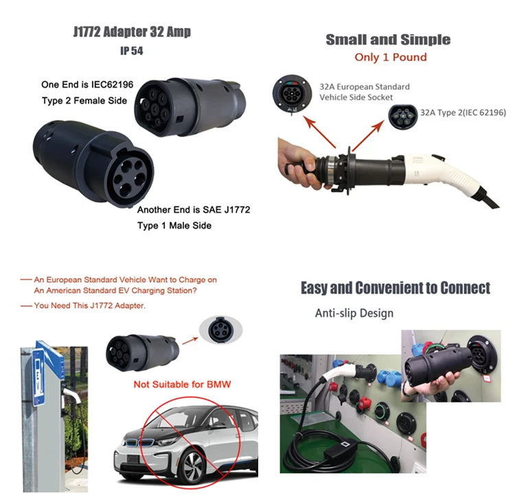 DUOSIDA EV зарядное устройство тип 1 к Тип 2 EV адаптер 32A EVSE SAE J1772 к IEC 62196-2 штепсельная вилка электрическая автомобильная зарядка