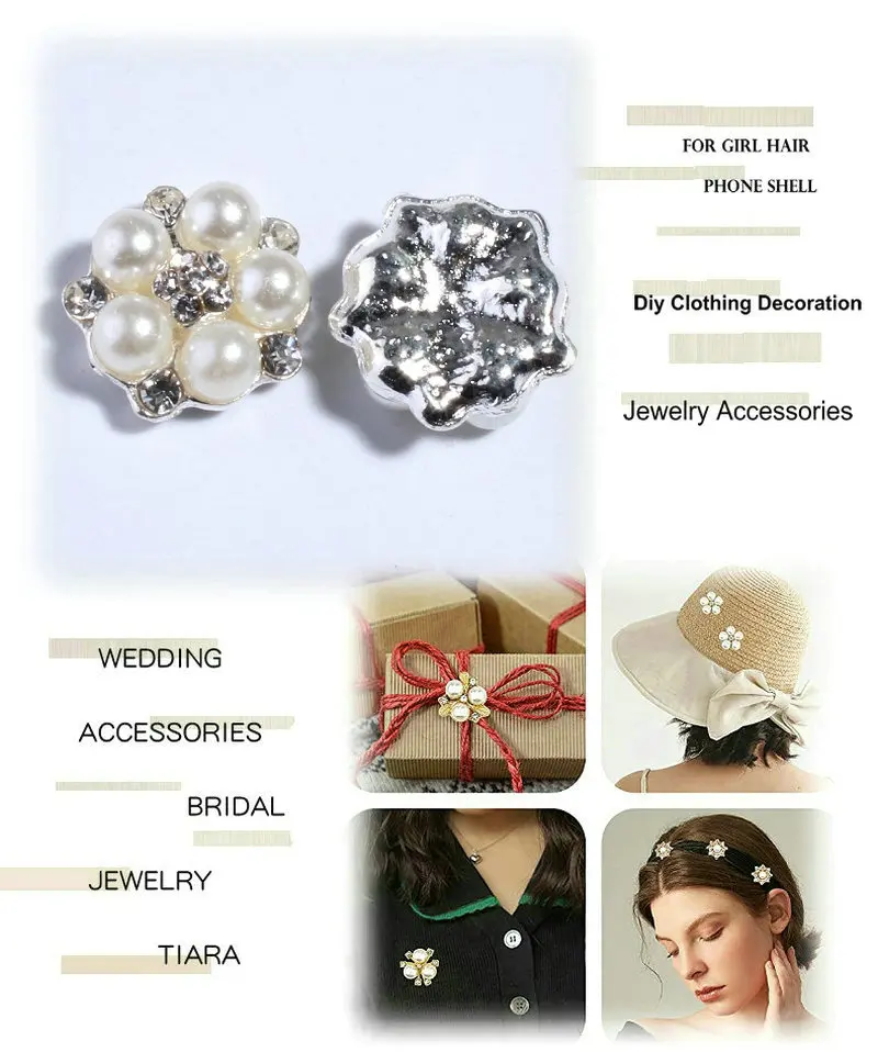 10 Teile/los 15mm Blume Strass Perle Legierung Silber Tasten für Haar Bogen DIY Zubehör Hochzeit Dekoration Einladung Tasten – Detail 9