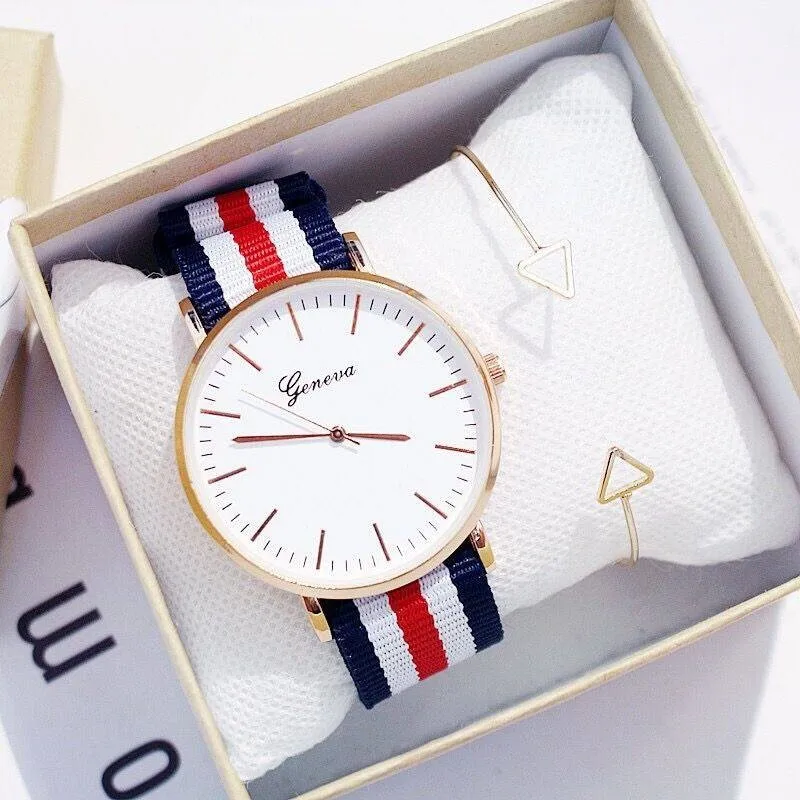 

2pcs Set Sport Thin Wrist Canvas Quartz Dress Wrist Watches Fashion Men Women Unisex Geneva Platinum Nylon Fabric Watch for Gift