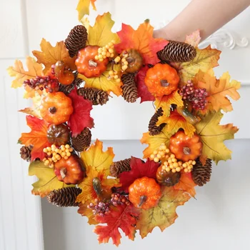 

Halloween Autumn Holiday Artificial Pumpkin Maple Leaves Wreath With Pine Cone Berries Front Door Wall Window Hanging Garland hj