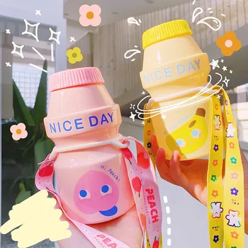 

New 480ml Transparent Milk Plastic Water Bottle BPA Free Cute Cartoon Portable Travel Drinking Bottles with Cup Strap for Girls