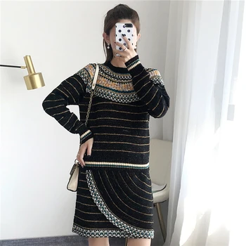 

2 Pieces Set Slim Fit Women Suit Contrast Color Striped Knitted Sweater Skirt Sets Autumn Winter