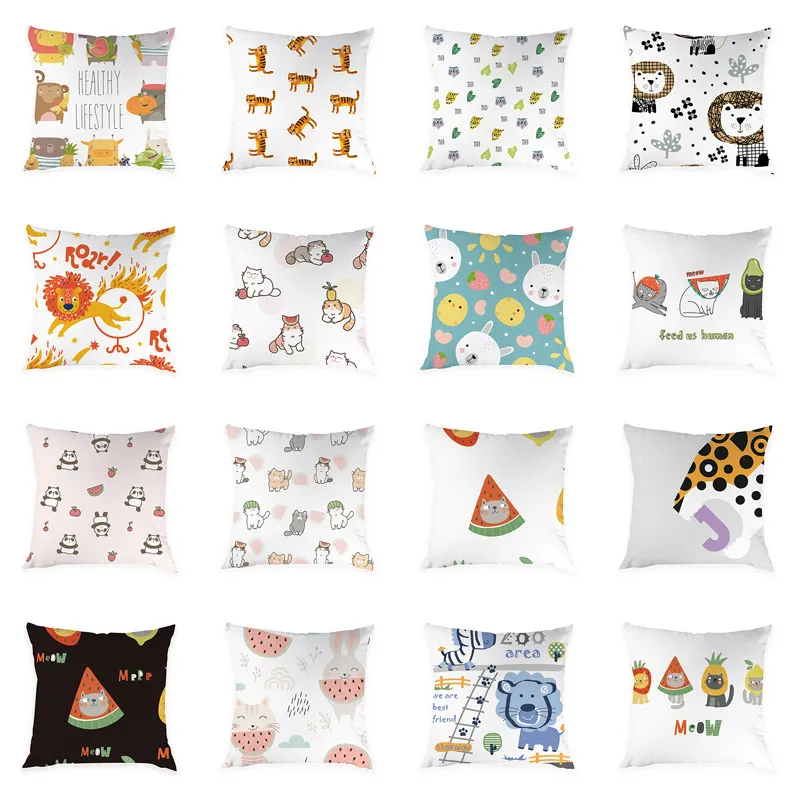 

Cartoon Animal Pattern Lion Tiger Cat Pillow Cases Home Decor Peach Skin Cushion Cover Cloth Art Sofa 45*45cm