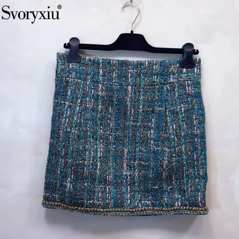 

Svoryxiu Designer Autumn Winter Tweed Manual Weaving Mini Skirt Women's Vintage Peacock Blue Silk Lining High End Skirt