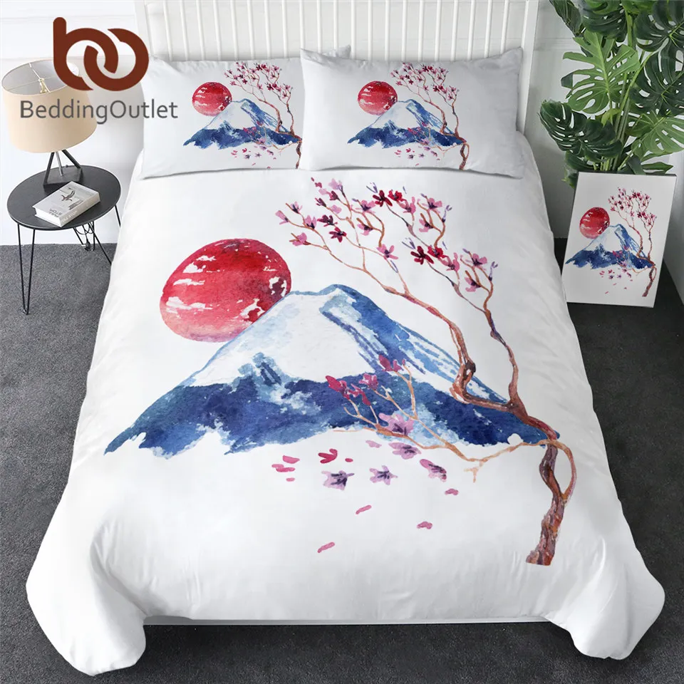 BeddingOutlet Sakura Flower Bedding Set Japanese Cherry Blossom Quilt Cover 3pcs Watercolor Bedspreads Fuji Mountain Bed | Дом и сад