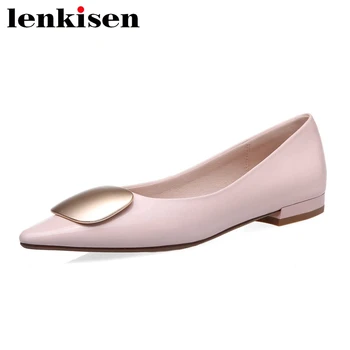 

Lenkisen large size natural leather pointed toe low heel cozy shoes women metal decorations office lady shallow brand pumps L69