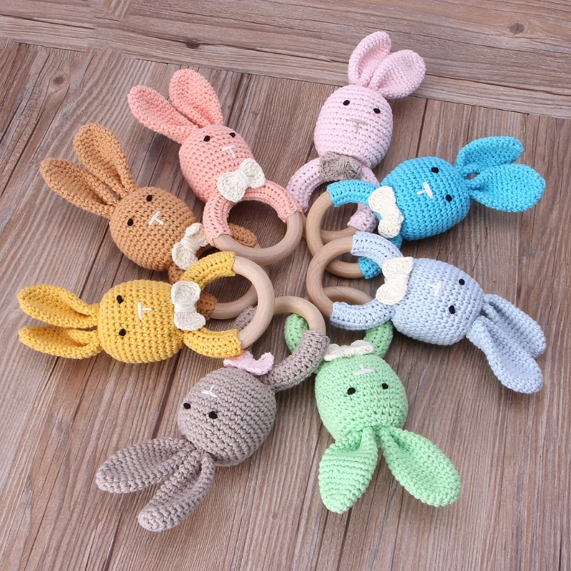 BPA Free Crochet Wooden Ring Baby Teether Safe Cute Animal Rattle Chewing Teething Nursing Soother Molar Infant Toy Accessories 2