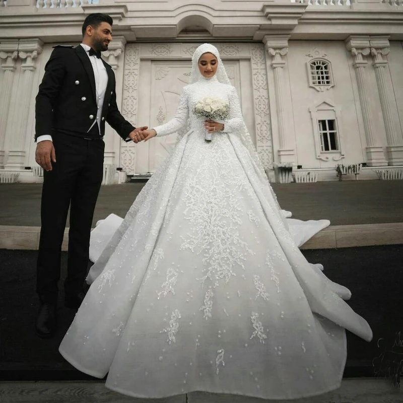

Muslim Beading A Line Wedding Dresses High Neck Long Sleeve Lace 3D Floral Appliques Bridal Gowns Sequins Bride Dress
