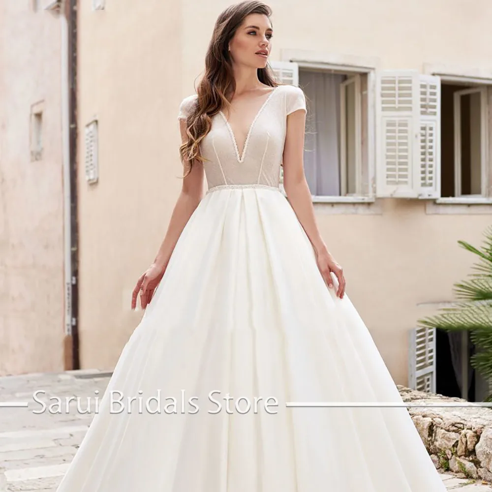 White Ivory Satin Wedding Dresses Short Sleeve Lace Appliques Wedding Gowns Vestido de Noiva Longo Custom Made Sweep Train
