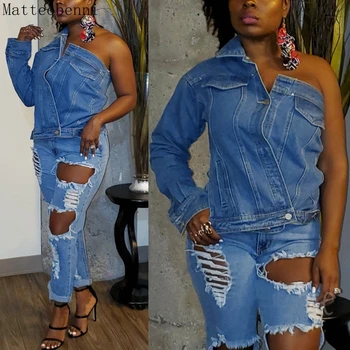 

Fashion sexy Single shoulder Denim Jacket Women Autumn Coat Ripped oversized Outerwear Female Sexy Club Jeans Jacket Plus Size