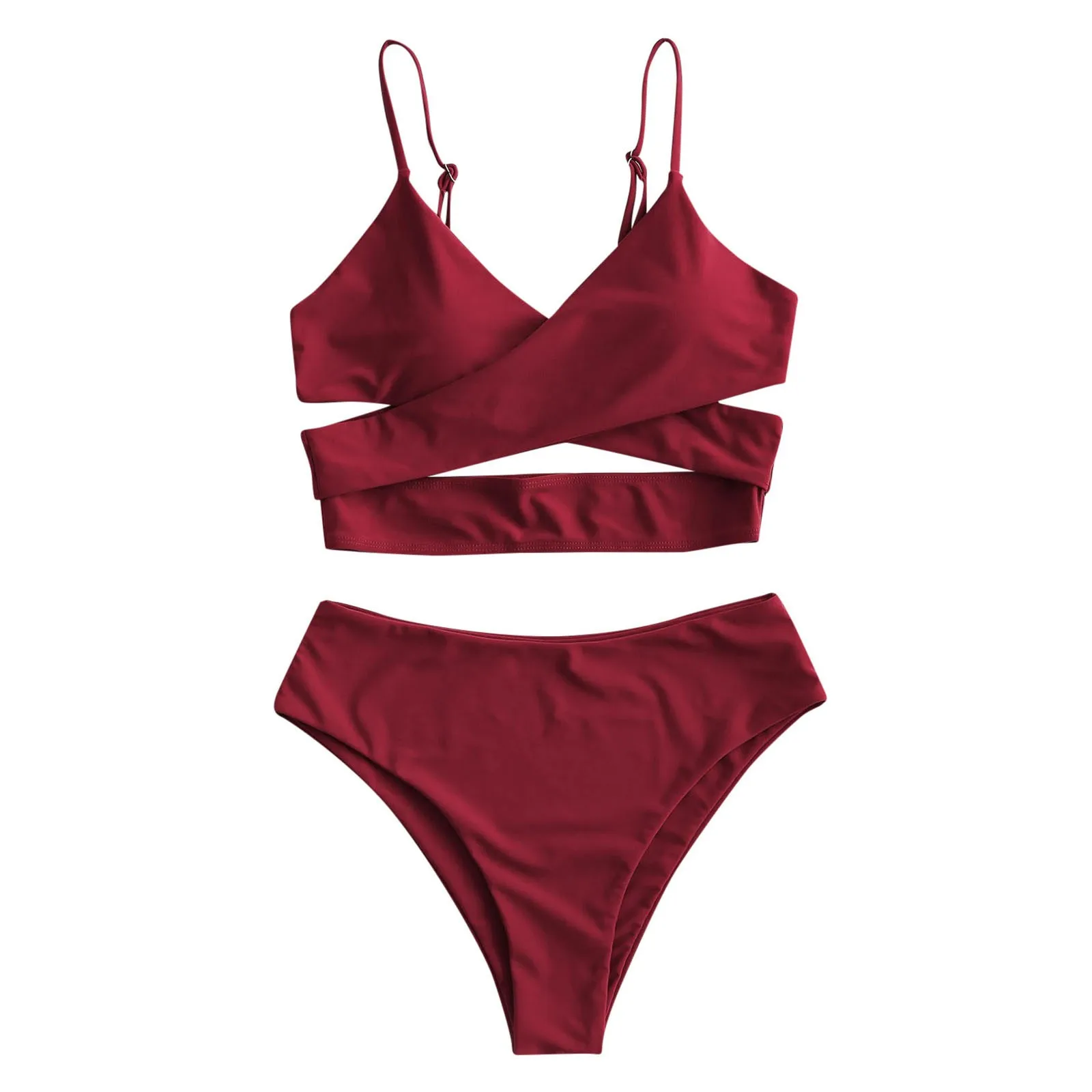 

Women Solid Swimsuit Cross Straps High Waist Bikini Set Push-Up Padded Beachwear Brazilian Swimwear Beach Swimming Suit 2021