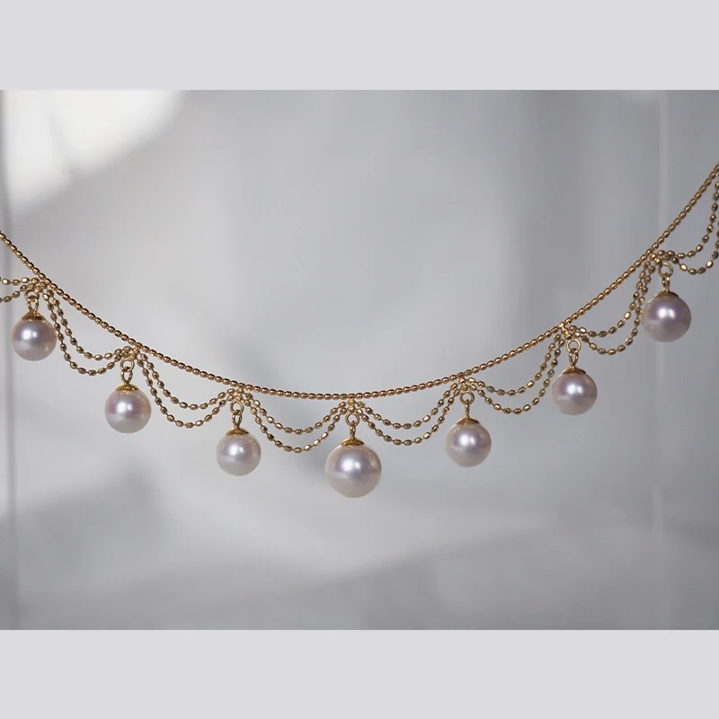 18 K Solid Yellow Gold Jewelry(AU750) Women Lace Necklace Choker Collar Chain Natural Akoya Sea Pearl Fashion Lady